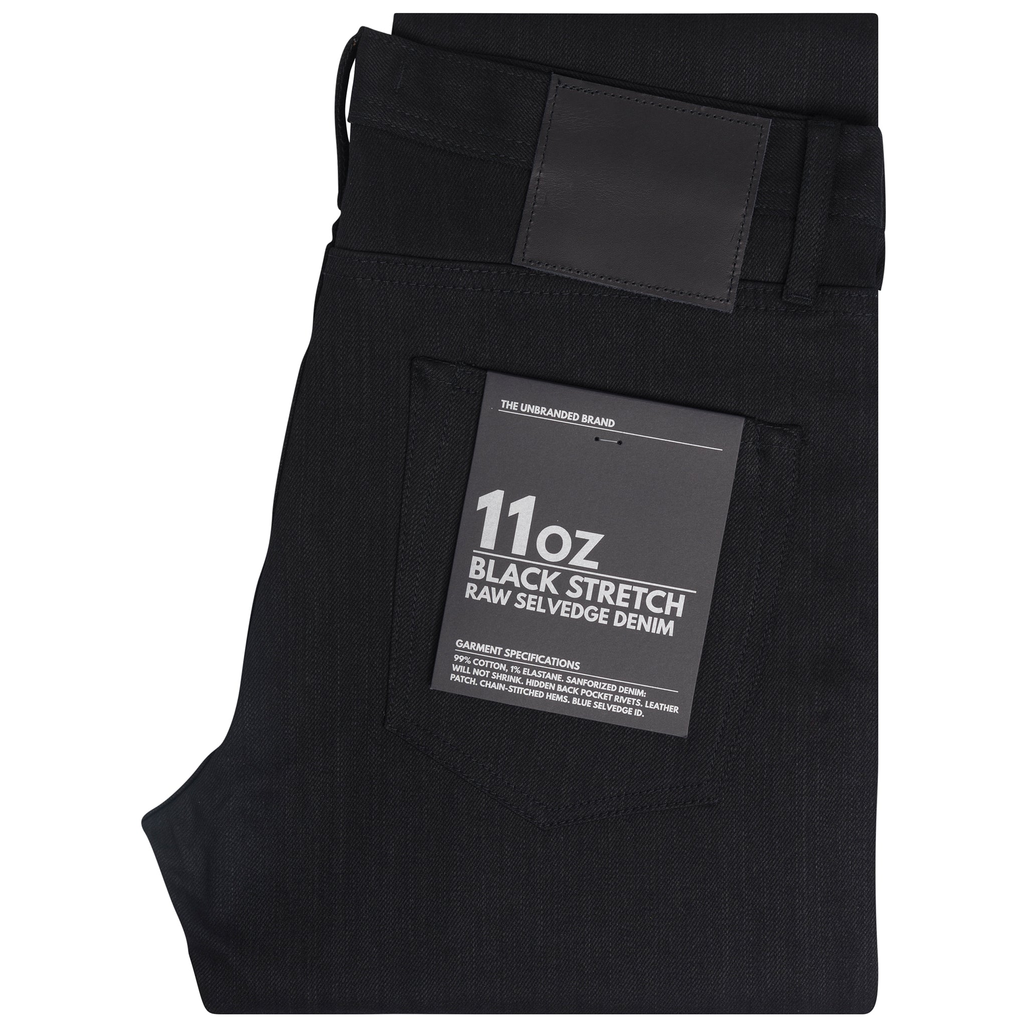 UB144 Skinny Fit 11oz Solid Black Stretch Selvedge Denim | The Unbranded Brand